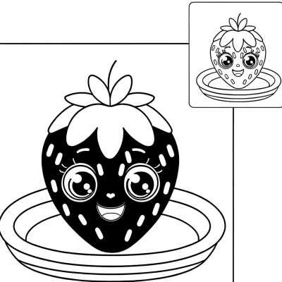 Coloring page showing chocolate covered strawberries on a plate