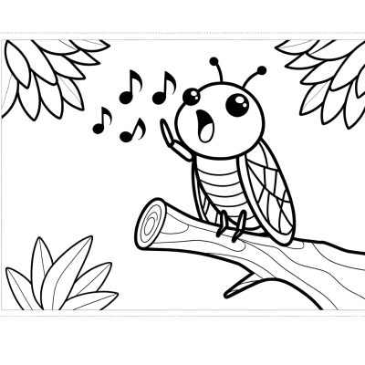 Cicada singing in a summer tree coloring page