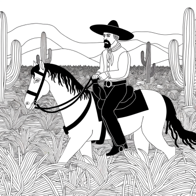 Coloring page of a cowboy riding a horse in a desert setting