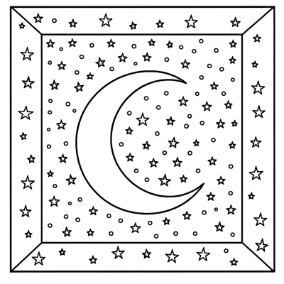 Crescent moon coloring page with stars in night sky