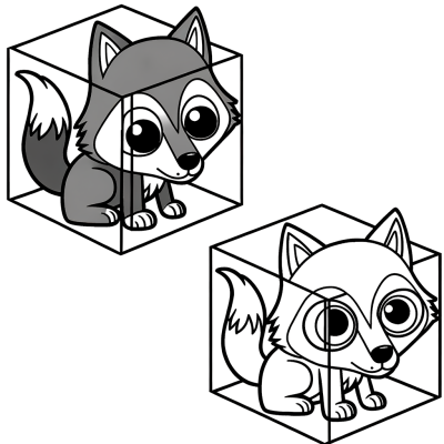 Coloring page showing cute cube-shaped wolf and cat pets with geometric block designs