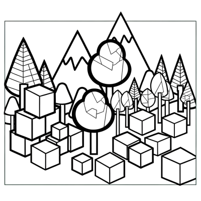 Coloring page featuring a cube-shaped world with blocky geometric trees and angular mountains in pixel art style