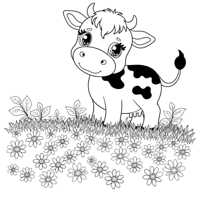 cute baby cow in meadow with flowers coloring page