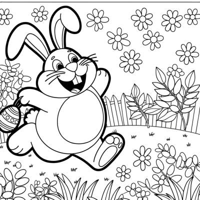 Cute cartoon Easter bunny hopping through spring garden with flowers coloring page