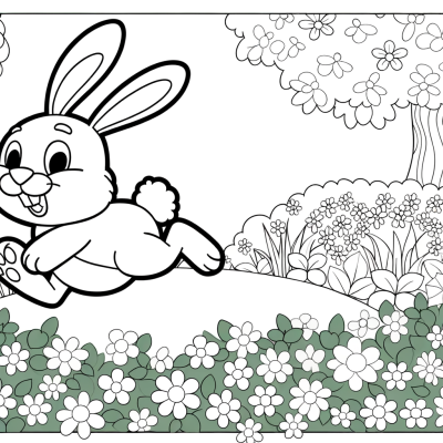 Cute cartoon Easter bunny hopping through spring garden with flowers coloring page