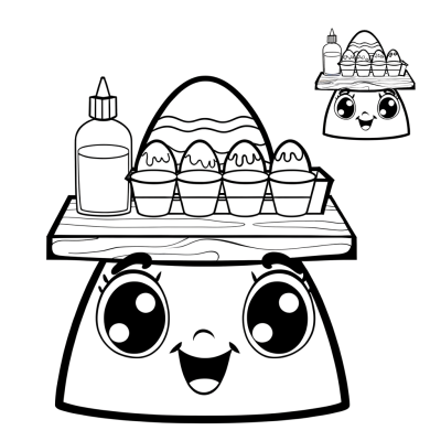 Coloring page showing a cartoon egg decorating station with dye bottles, brushes, and craft supplies with thick black outlines