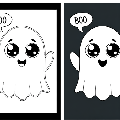 Cute friendly cartoon ghost coloring page with thick black outlines saying BOO