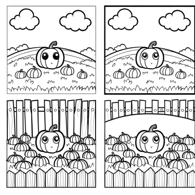 Cute cartoon pumpkin patch coloring page with various sized pumpkins in farm scene with simple black line art
