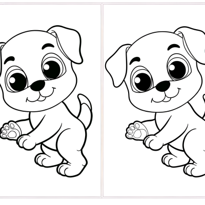 Cute cartoon puppy learning to walk coloring page with thick outlines on white background