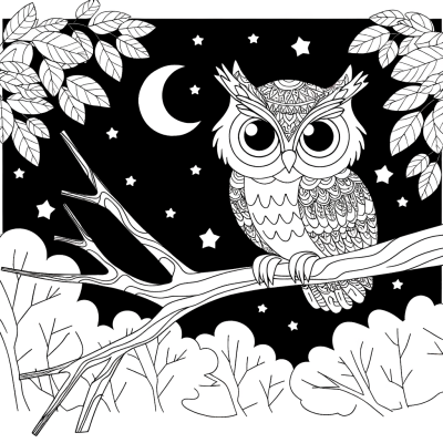 Cute owl sitting on a tree branch at night, coloring page