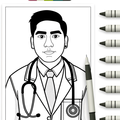Coloring page of a doctor using a stethoscope