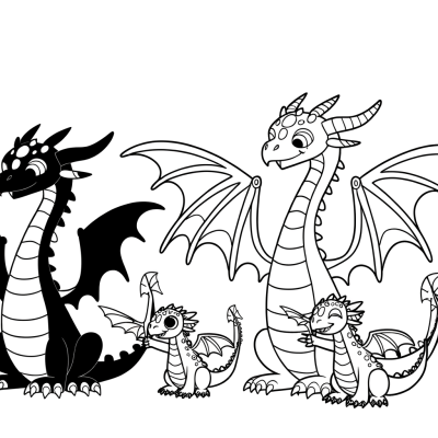 Coloring page featuring a dragon family with baby dragons