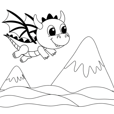 Dragon flying over mountains coloring page featuring a majestic dragon in flight.