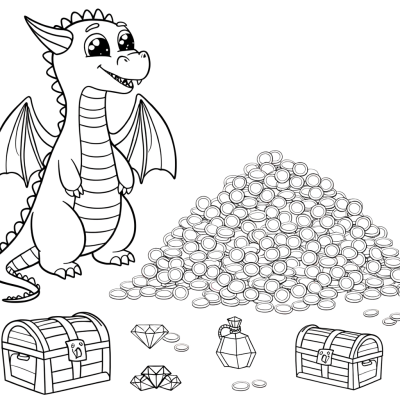 Coloring page with a dragon guarding a treasure hoard