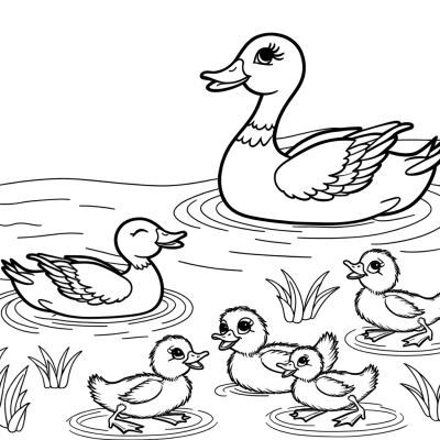 Duck family swimming with ducklings coloring page