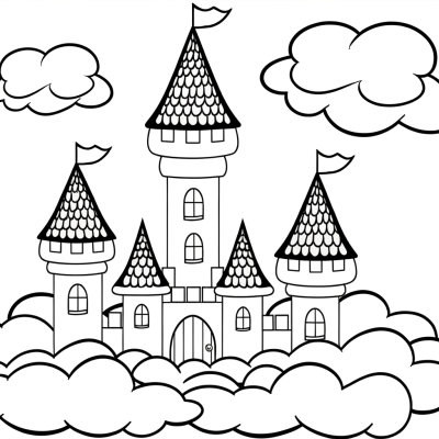 Enchanted castle surrounded by clouds coloring page