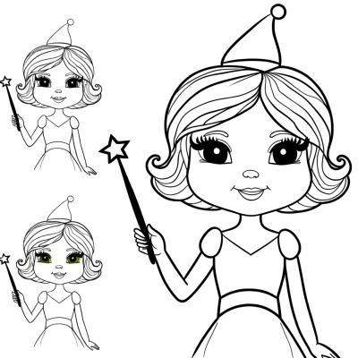 Coloring page of a fairy godmother holding a wand
