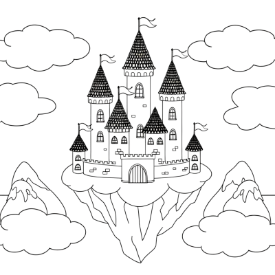Coloring Page of a Floating Castle in a Sky Kingdom