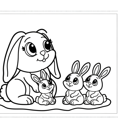 Easter bunny family coloring page showing mother bunny with baby bunnies in simple cartoon style