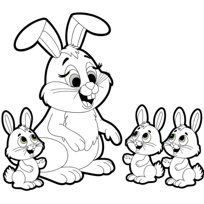 Easter bunny family coloring page showing mother rabbit with baby bunnies in simple cartoon style