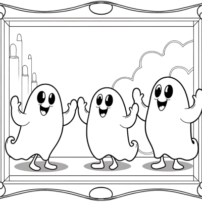 Friendly cartoon ghost family coloring page with simple outlines showing happy ghosts floating together