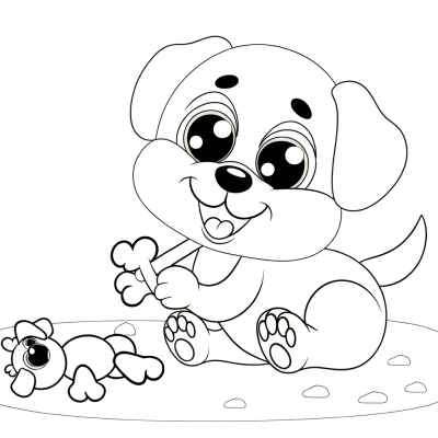 Friendly cartoon puppy playing with chew toy coloring page with thick outlines on white background