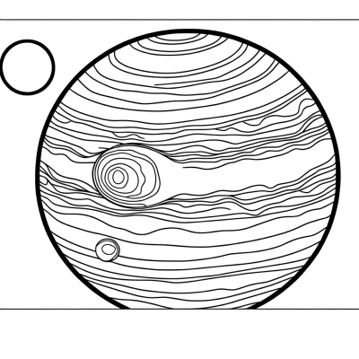 Jupiter planet coloring page showing the Great Red Spot storm and atmospheric bands
