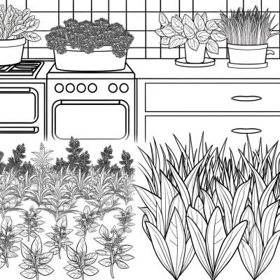 Herb Garden Kitchen Coloring Sheet featuring herbs and plants