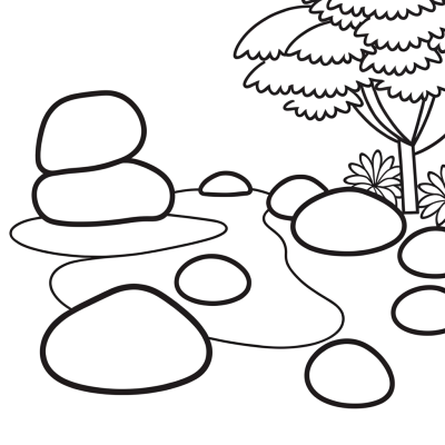 Coloring page of Japanese zen garden rocks for relaxation.