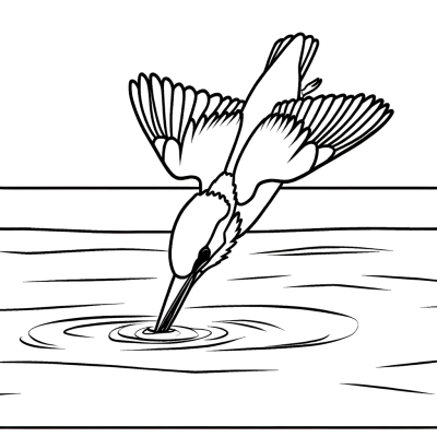 Kingfisher diving into water to catch fish coloring page