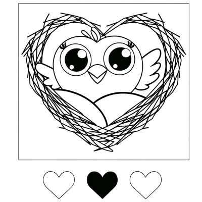 Coloring page illustration of two love birds sitting together in a heart-shaped nest