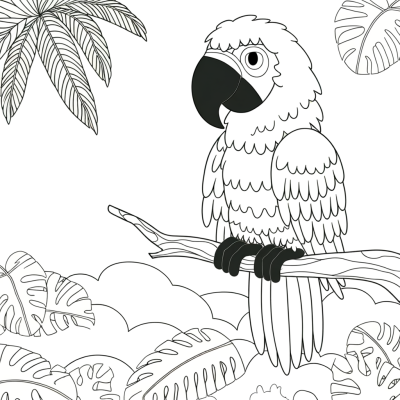 Coloring page of a macaw in a tropical rainforest setting