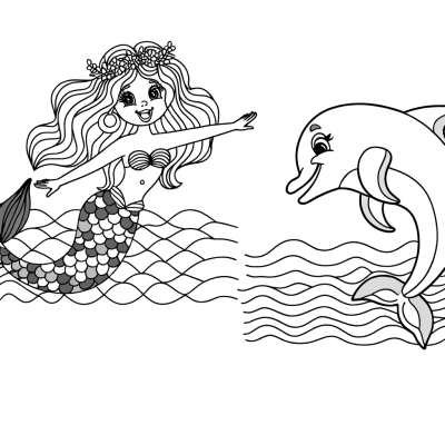 Coloring page of a mermaid and dolphin playing together