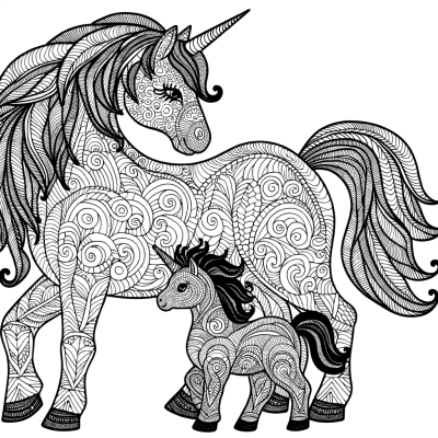 Mother unicorn standing beside her baby unicorn