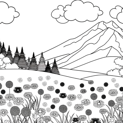 Mountain meadow filled with diverse wildflowers coloring page.