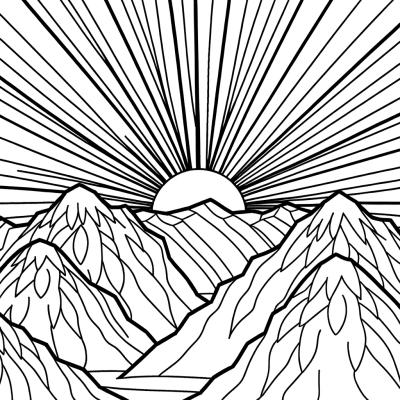 Mountain Sunrise Golden coloring page depicting a majestic dawn landscape