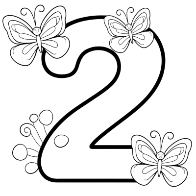 number 2 with two butterflies coloring page