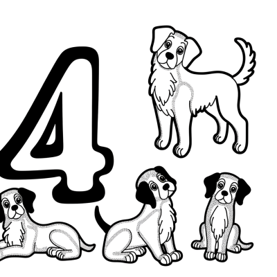 number 4 with four dogs coloring page