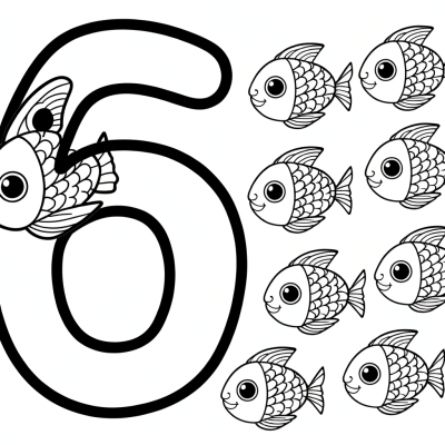 number 6 with six fish coloring page