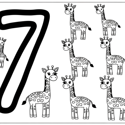 number 7 with seven giraffes coloring page