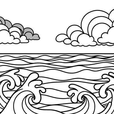 A coloring page of ocean waves crashing onto the shore