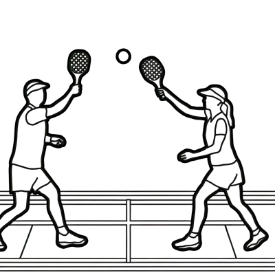 Coloring page of a pickleball doubles game scene