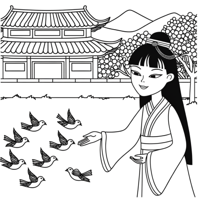 Coloring page of a princess feeding birds in a garden
