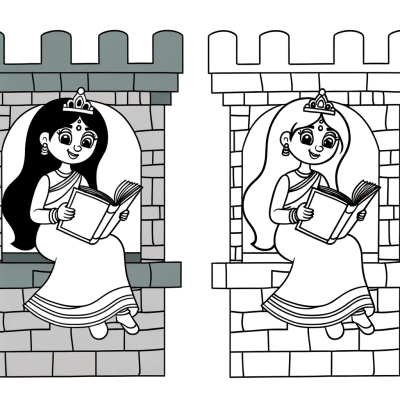 Coloring page of a princess reading a book in a castle tower