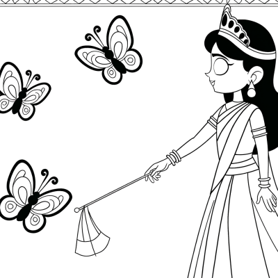 Coloring page of a princess with magical butterflies