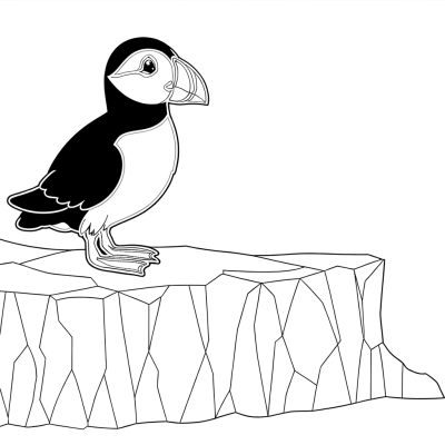 Puffin standing on a rocky cliff coloring page