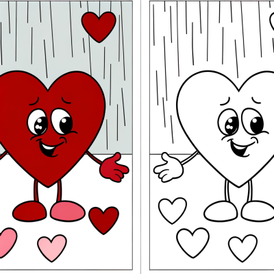 Coloring page showing multiple red and pink hearts falling down like rain drops