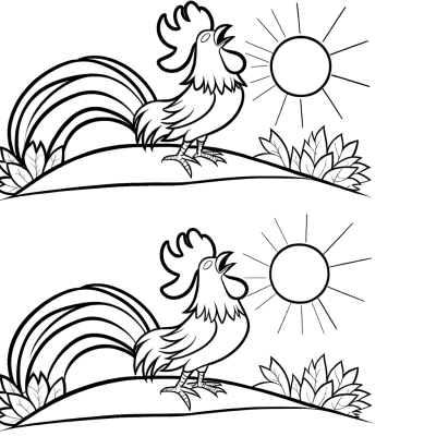 Coloring page of a rooster crowing at sunrise on a farm