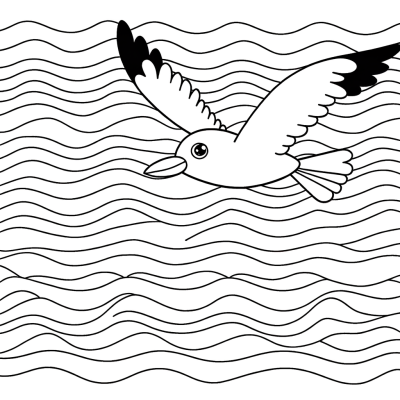 Seagull flying over ocean waves coloring page