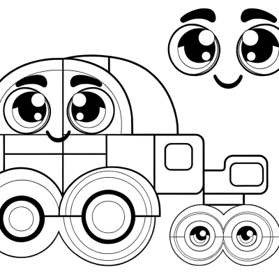 Coloring page showing a car made from geometric shapes including circles for wheels, rectangles for body, and triangles for details